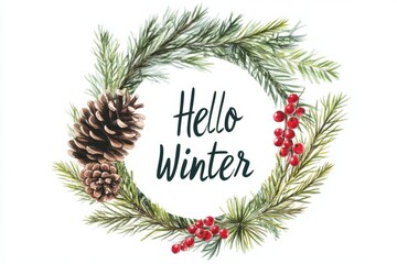 Festive winter wreath with pine cones and red berries for seasonal decor