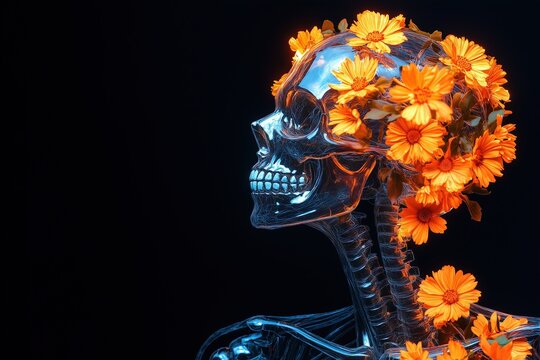 Transparent glossy spooky skeleton with orange flowers in black background. Eerie macabre and beauty. Artistic interpretation of death. Halloween event banner, poster, card, invitation, copy space