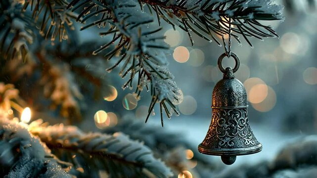 A silver bell hangs from a snow-covered pine branch, bathed in the glow of Christmas lights