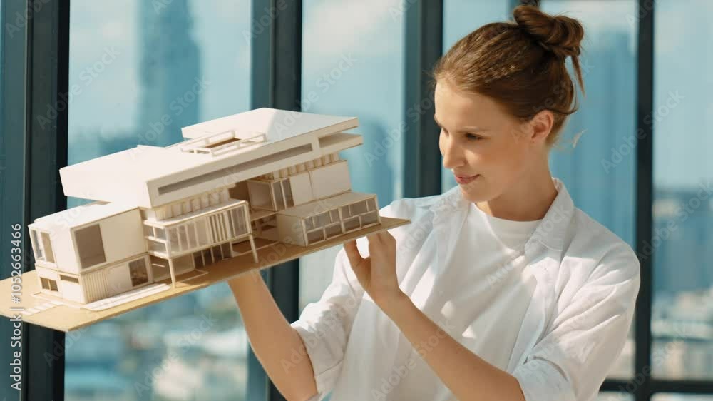 Aufkleber smart happy beautiful manager check house model by turning left side and right side. professional ma