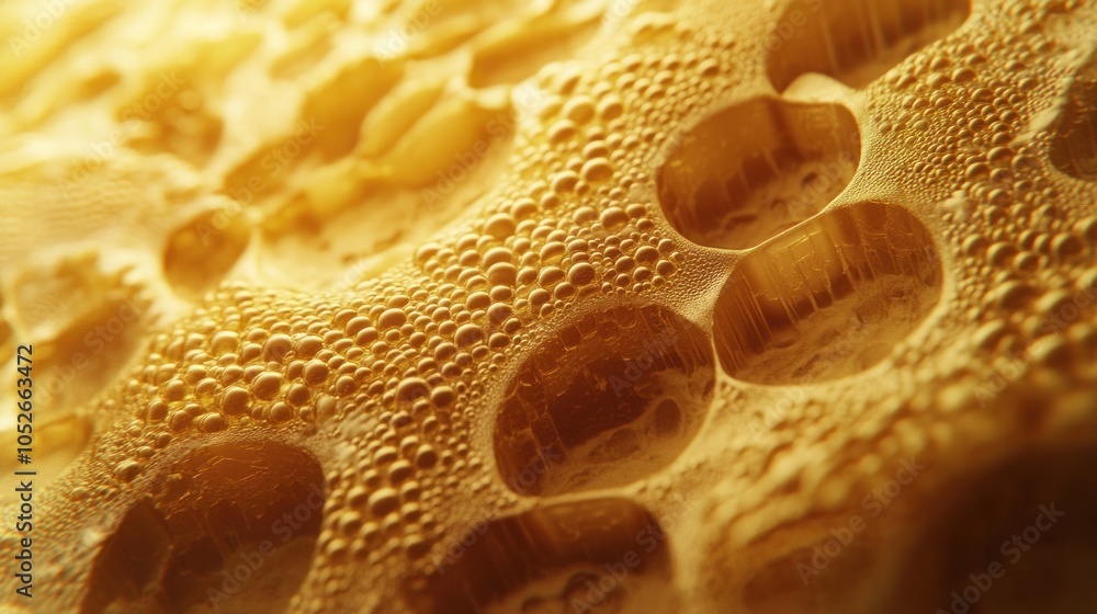 Poster abstract macro shot of water droplets on a golden surface, creating a honeycomb-like pattern.