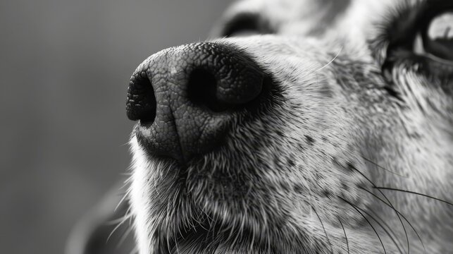 A monochromatic close-up of a dog's nose showcases intricate textures and fine details, focusing on the sense of smell and the dog's inquisitive nature and perception.
