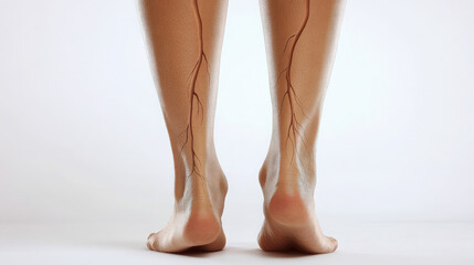 varicose veins on woman's legs on white background, disease, close-up photo of tired female legs, blood vessels, skin, treatment, girl, blood flow disorder, medicine, hospital