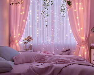 Elegant bedroom setting with soft pink curtains glowing fairy lights and romantic decor