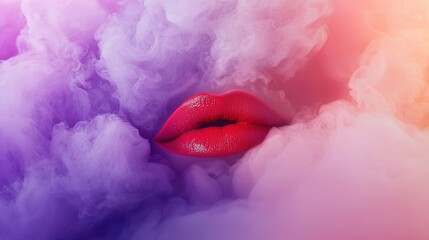 Obraz premium Close-up of a woman's red lips surrounded by pink and purple smoke against a pink and purple backdrop