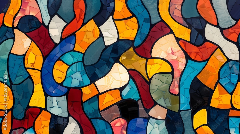 Poster a vivid array of colored glass pieces arranged in an intricate, abstract design, forming flowing pat