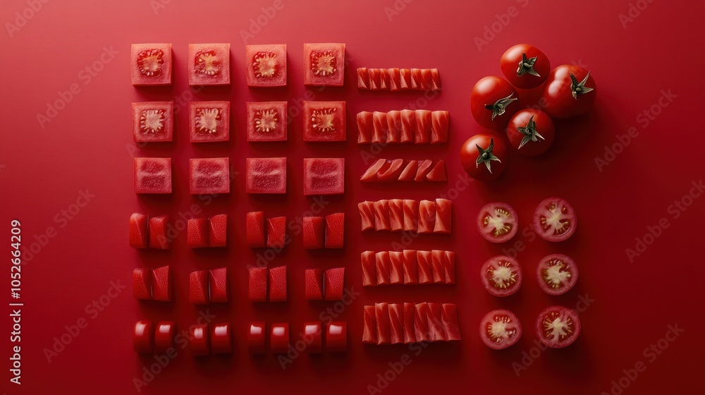 Aufkleber red tomatoes of different sizes and cuts are arranged in rows on a red background.