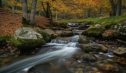 A stream of water flows through a forest with rocks and leaves on the ground