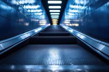 Obraz premium A long, narrow, blue and silver escalator with a bright light shining on it