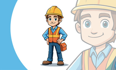 Illustration of a mascot man with a company engineer helmet.