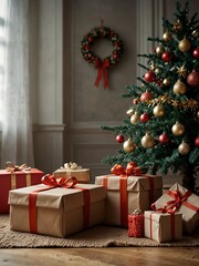Christmas scene with a decorated tree and presents