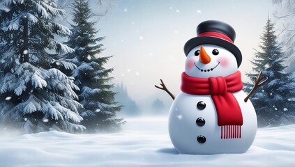 Obraz premium A chubby snowman wearing a vibrant red scarf wrapped snugly around its neck, standing proudly in a serene snowy winter landscape, Snowman, Christmas decoration, banner, created with generative ai