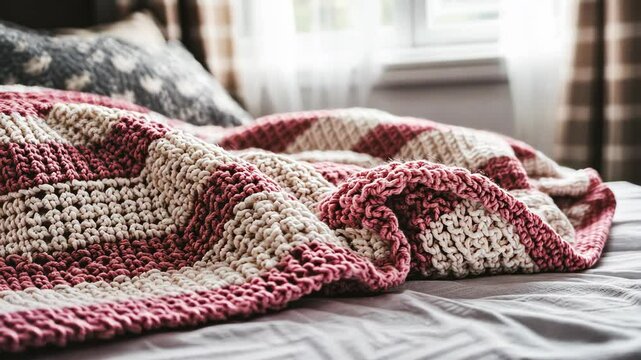 A pink and cream knitted blanket rests on a bed, ready for a cozy afternoon nap