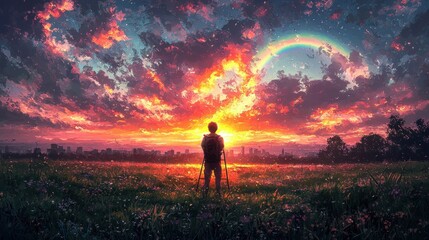 Obraz premium Solitary Figure in Field with Double Rainbows