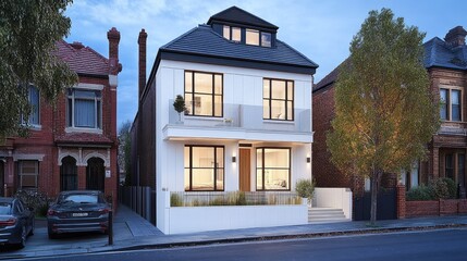 A contemporary multi-story building stands on a lush green street, featuring large windows and spacious balconies, illuminated in the early evening light