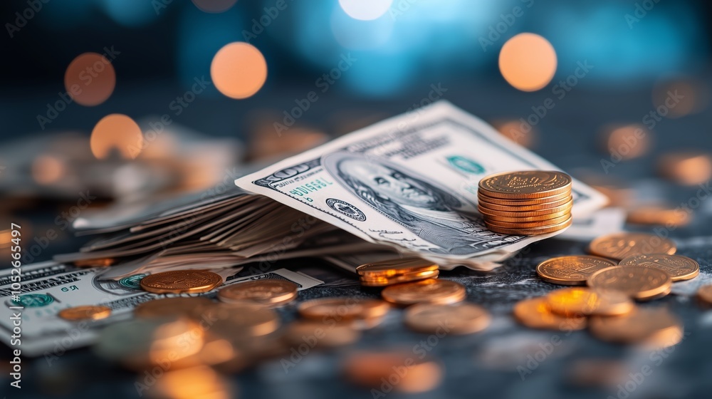 Poster stacks of u.s. currency and coins displayed on a reflective surface with blurred lights in the backg