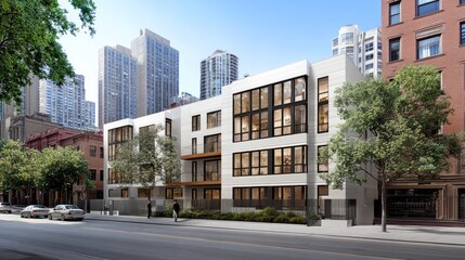 Obraz premium A contemporary multi-story building stands on a lush green street, featuring large windows and spacious balconies, illuminated in the early evening light