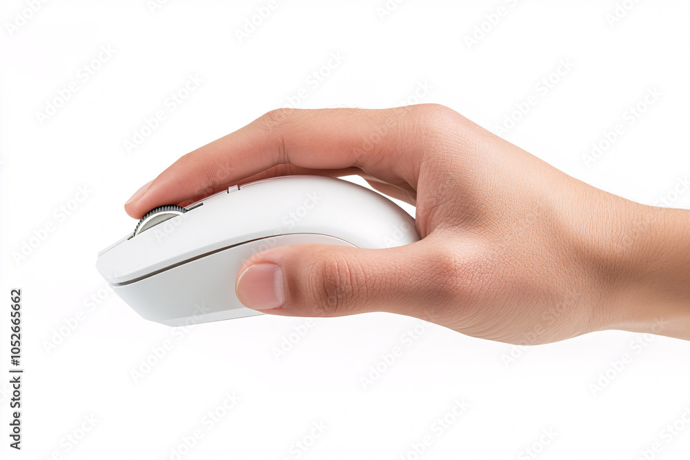 Fototapete a hand resting on a white computer mouse against a white background representing technology interact