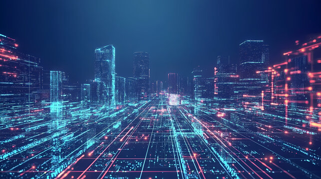 Cinematic shot of a virtual cityscape representing local business presence online, space for text above. Virtual Cityscape. Illustration