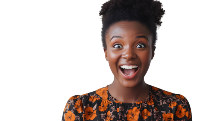 Black young woman smiling with surprised expression on white background