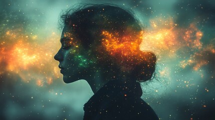 Fototapeta premium A silhouette woman gazes into a cosmic backdrop with vibrant colors and swirling stars at twilight