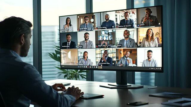 diverse group of professionals participating in an online HR webinar. The screen should display multiple video call windows with participants engaged in discussion