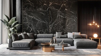 A modern luxury living room with a black marble accent wall, a sleek glass coffee table with gold legs, and a gray velvet sofa, creating a rich and polished look