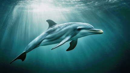 Obraz premium A dolphin gracefully swims underwater in a sunlit ocean environment, showcasing its agility and beauty in the clear blue waters