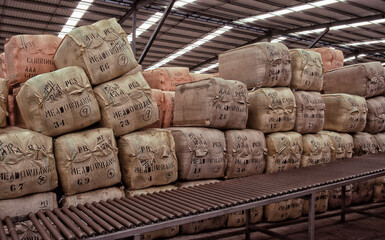Bales filled with wool fleeces stacked up ready for transportation