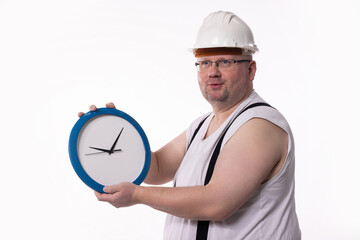 A Construction Worker Humorously Posing While Holding a Clock, Demonstrating Effortless Playfulness