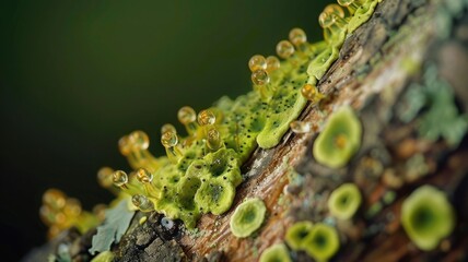 lichen on a tree bark, showing the symbiotic relationship between fungi and algae, with spores visible