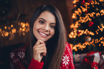 Portrait of pretty adorable woman hand chin wear ugly print sweater christmas festive event apartment indoors