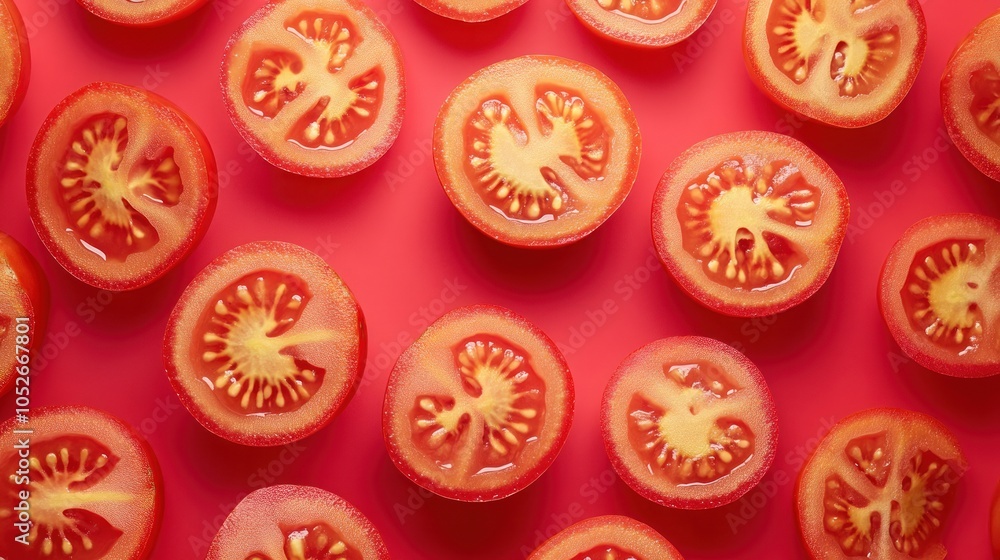 Poster fresh red tomato slices arranged in a repeating pattern on a red background.