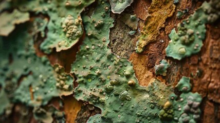 Obraz premium lichen on a tree bark, showing the symbiotic relationship between fungi and algae, with spores visible