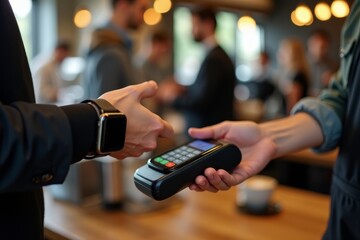 Person using smartwatch for contactless payment, cashier holding terminal in a cafe setting. Concept of digital payment, technology, and convenience