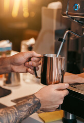 Coffee Making. Unrecognizable Barista Using Coffee-Machine Working In Cafeteria. Cropped, Closeup