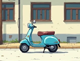 Vintage Flat Cartoon Illustration of Scooter at Building Entrance with Doors and Windows