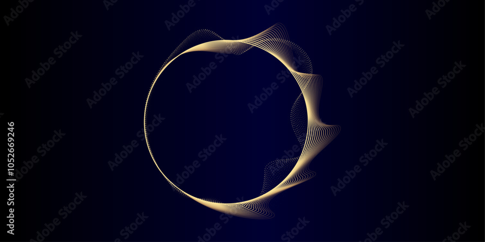 Poster Abstract circle wave lines, gradient light equalizer gold wavy curve. Flowing dots particles round frame isolated on black background. Editable stroke. Luxury vector illustration with copy space