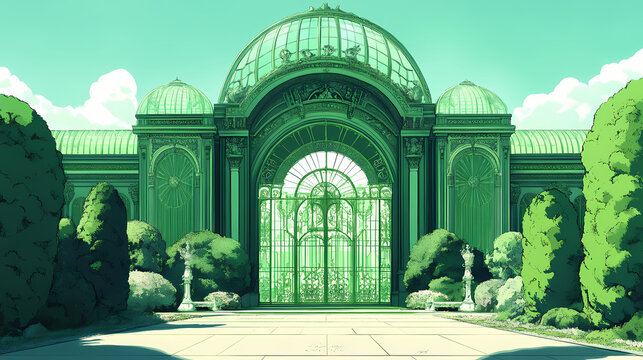 An illustration of a green crystal palace with a large gate in the center. Crystal Palace. Illustration