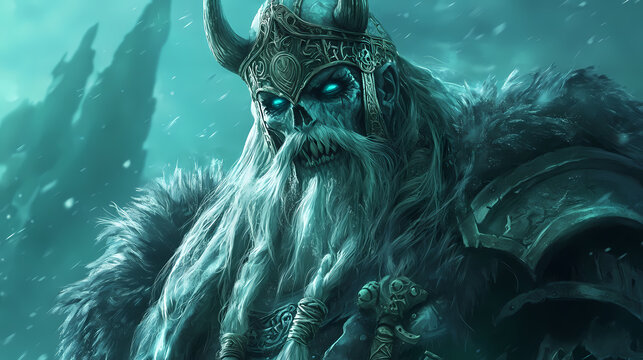 An illustration of a norse viking undead lich king portrait. Lich King. Illustration