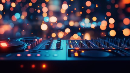Close-up of a DJ mixer with colorful bokeh lights in the background, creating a vibrant atmosphere.