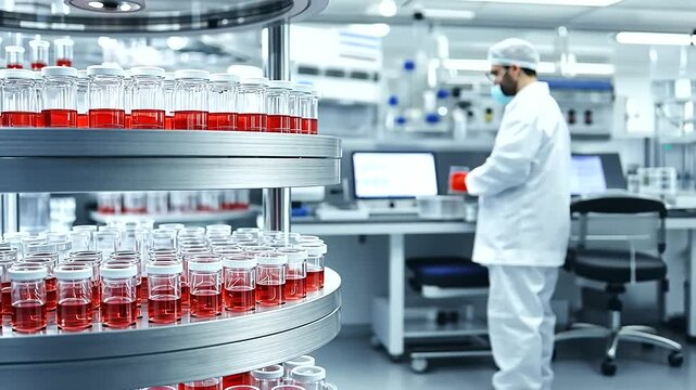 advanced laboratory where a modern machine with circular shelves is prominently featured. The machine move around and manage multiple vials filled with red liquid