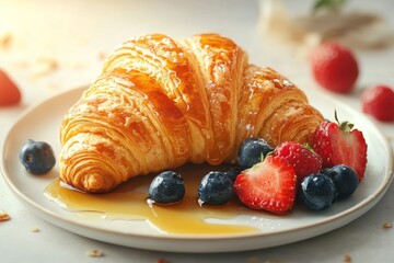 Delicious croissant with fresh berries and maple syrup breakfast delight. National croissant day
