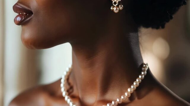 A woman is wearing a pearl necklace. The necklace is made of pearls and diamonds. The woman is wearing a black dress