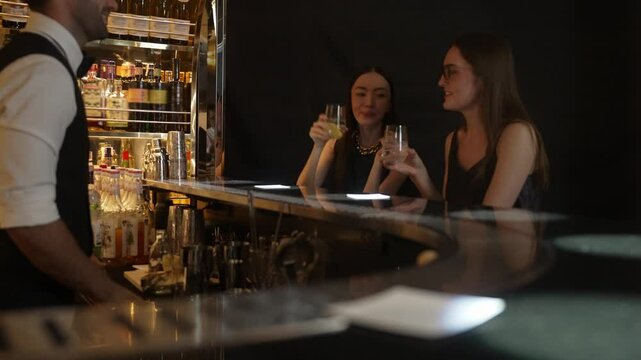 Portrait of VIP guest in beautiful woman making a toast in cheers at luxurious nightclub at vibrant nightlife party. Sitting at counter bar talking with barman atmosphere party lifestyle. Vinosity.