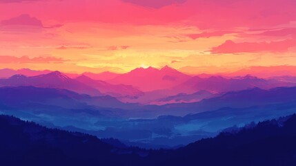 A vibrant sunset over a mountain range with layers of blue and pink hues.