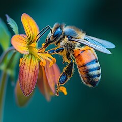 Fototapeta premium A close-up of a honeybee collecting pollen from a vibrant orange and yellow flower, showcasing its detailed textures and colors against a blurred green background.
