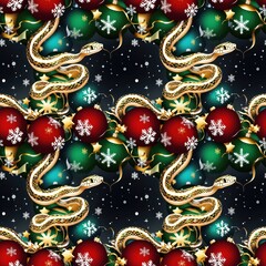Fototapeta premium Realistic yellow snake intertwined with Christmas decorations in a festive holiday pattern