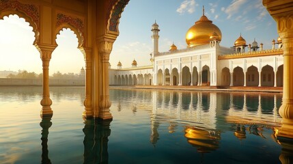 Fototapeta premium Serene Reflection of a Golden Dome in Architectural Splendor