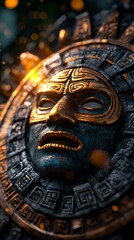 Obraz premium Close-up of a detailed, ancient Mayan mask with intricate carvings and a golden hue.